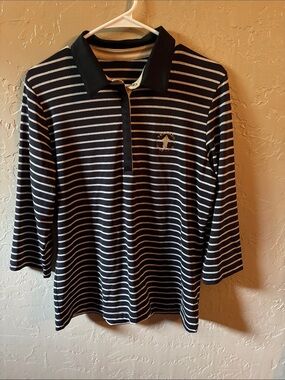 Tai Black & White Striped Polo Top